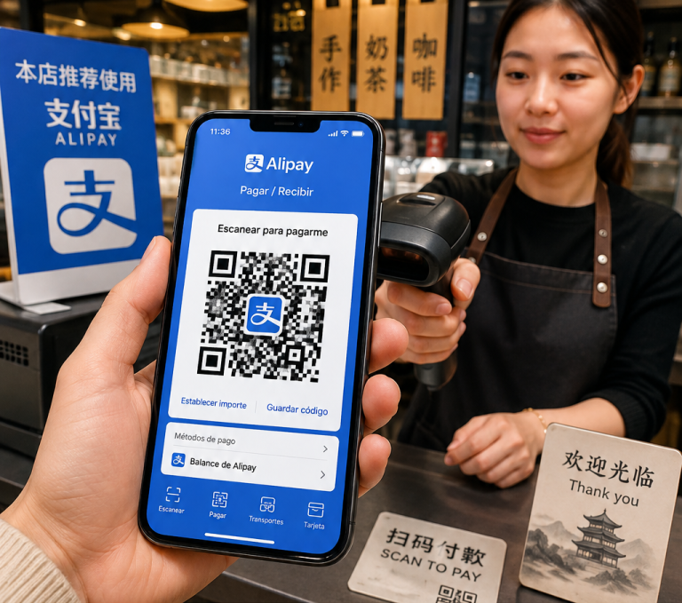 Captura de pantalla de la aplicación Alipay mostrando el código QR de pago con la protección de privacidad activada. El código aparece oculto para proteger la seguridad del usuario. Pantalla con el menú de escanear/pagar.