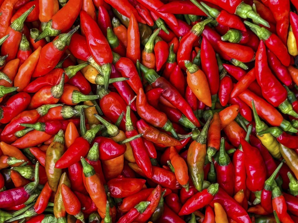 Gran montón de chiles rojos brillantes en un puesto de especias o mercado en China. La imagen está completamente llena de chiles de diferentes variedades, mostrando su color rojo intenso y textura brillante.