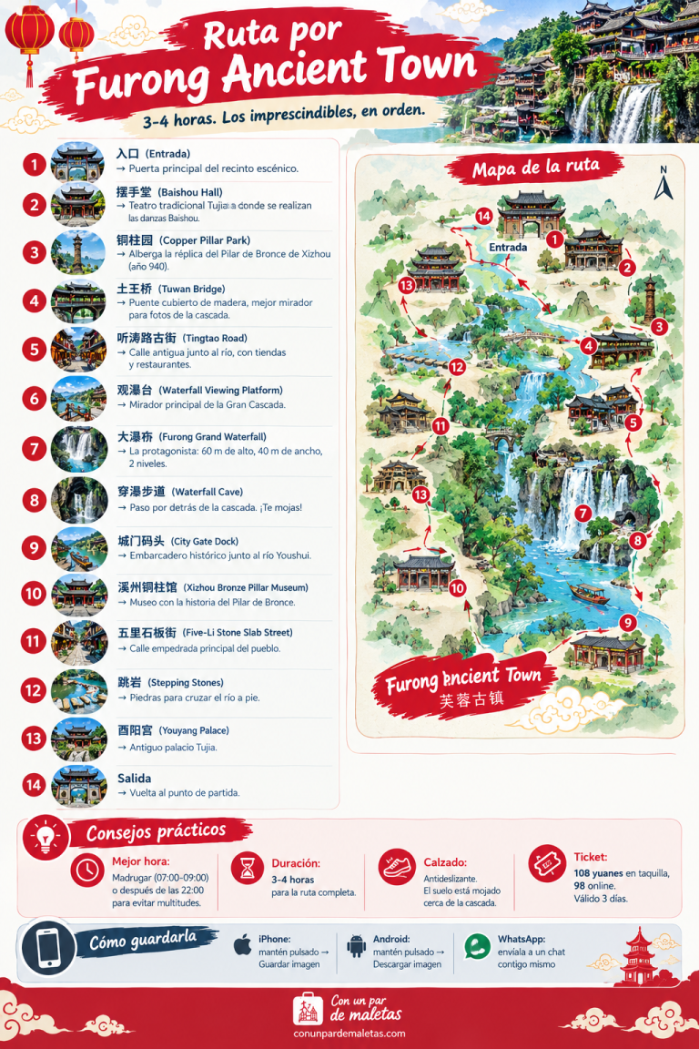 Infografía con los atractivos principales de Furong Ancient Town: la Gran Cascada de Furong (60 metros de alto y 40 de ancho), la calle Wuli (2.500 metros de losas de pizarra), el Palacio Tusi (residencia de verano de los reyes Tusi sobre el acantilado), el Puente Tuwan (mejor mirador para fotos), la Plaza Xizhou Chieftain (danzas Baishou), el Museo de Costumbres Populares de Xiangxi (Pilar de Bronce de Xizhou) y la Plaza Yinan (espectáculos nocturnos).