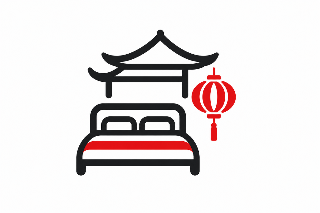 Icono minimalista de alojamiento con cama, tejado de estilo chino y farolillo rojo.
