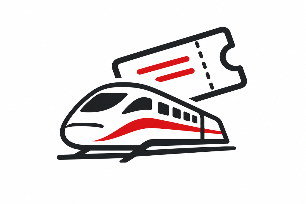 Icono minimalista de reserva de billetes de tren con tren de alta velocidad chino y billete en rojo y negro.