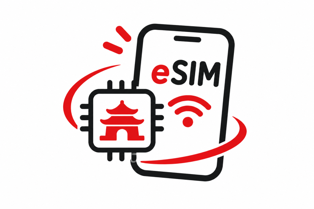 Icono minimalista de eSIM con teléfono móvil, tarjeta SIM y símbolo de conectividad con detalles de inspiración china.