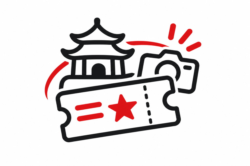 Icono minimalista de excursiones y entradas turísticas con ticket, estrella y pagoda de inspiración china.