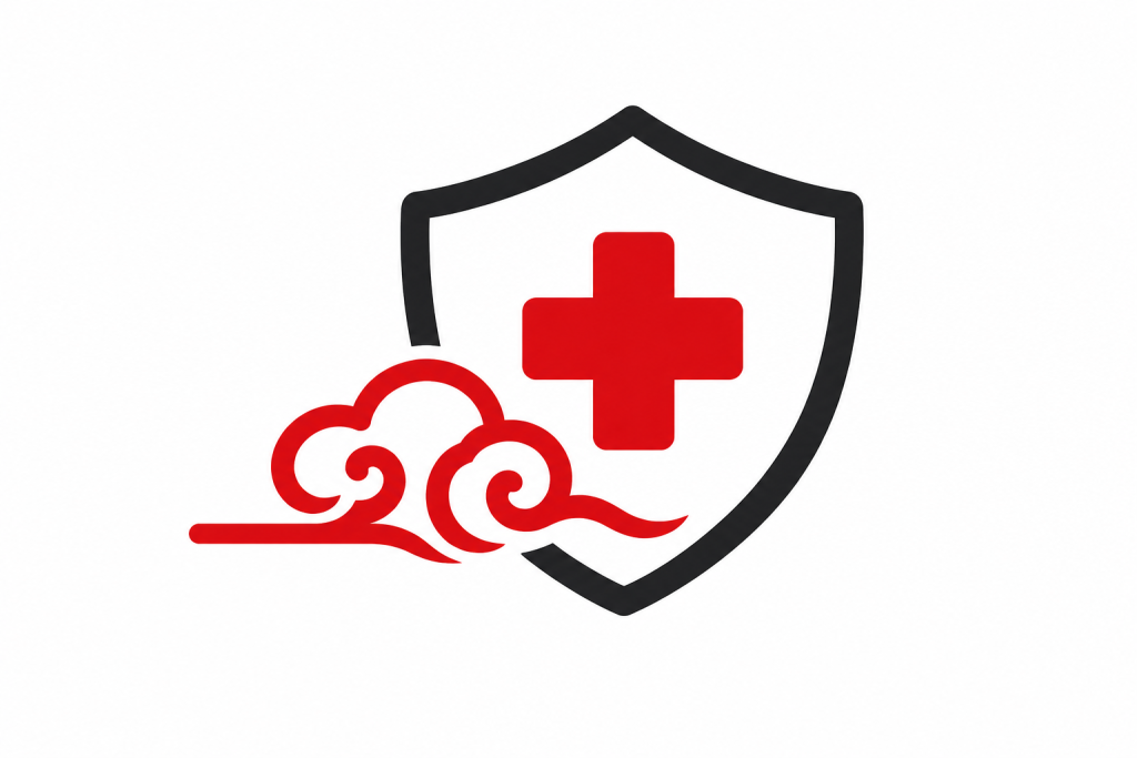 Icono minimalista de seguro de viaje con escudo de protección, cruz médica roja y nube de estilo chino.