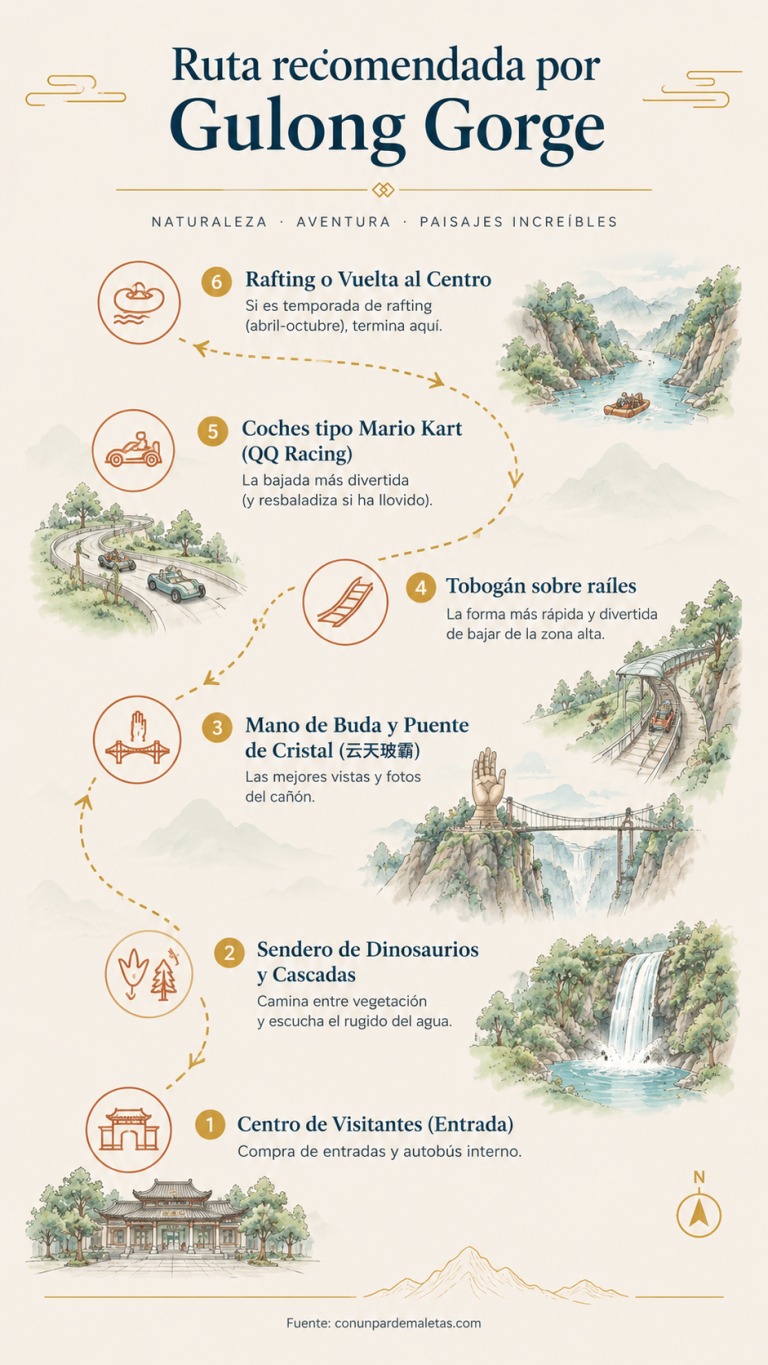 Infografía con el mapa de la ruta recomendada por Gulong Gorge: entrada, dinosaurios, cascadas, puente de cristal, tobogán, coches y rafting