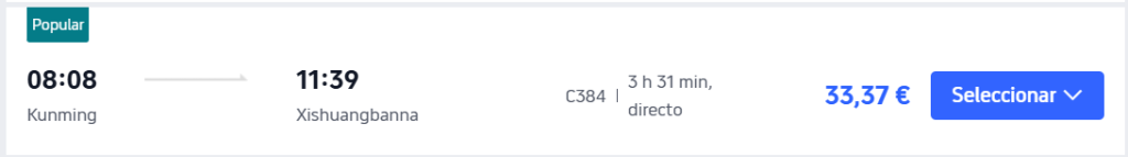Captura de pantalla de Trip.com con el trayecto de tren de alta velocidad de Kunming a Xishuangbanna, con horarios y precios