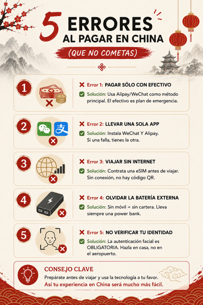 Infografía con los 5 errores más comunes al pagar en China: 1) pagar solo con efectivo, 2) llevar una sola app, 3) viajar sin internet, 4) olvidar batería externa, 5) no verificar identidad con autenticación facial. Incluye soluciones para cada error.