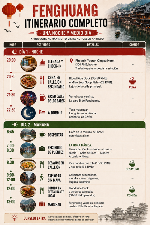 Infografía del itinerario de una noche y medio día en Fenghuang, China. Día 1 noche: llegada a las 20:00, check-in en Phoenix Youran Qingsu, cena en callejón secundario, paseo por la calle de los bares, dormir. Día 2: 6:45 despertar, 7:00-8:30 recorrido de puentes (Viento y Lluvia→Nube→Luna→Niebla→Salto de Roca→Madera→Arcoíris→Nieve), desayuno de noodles con tofu, 9:00-12:00 explorar callejones, muralla y Pagoda Wanming, comida en restaurante local, 13:00 marchar