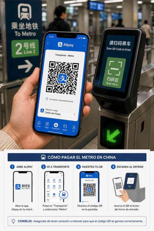 Mockup de un teléfono móvil mostrando el código QR de transporte público para pagar el metro en China. El viajero escanea este código al entrar y salir de la estación en ciudades como Shanghái, Pekín, Shenzhen o Chengdu.