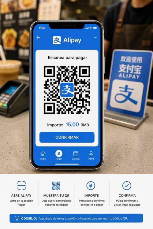 Mockup de un teléfono móvil (iPhone/Android) con la pantalla de Alipay abierta mostrando un código QR para pagar en China. Representación visual de cómo se paga con el móvil en tiendas, restaurantes y transporte público chino.