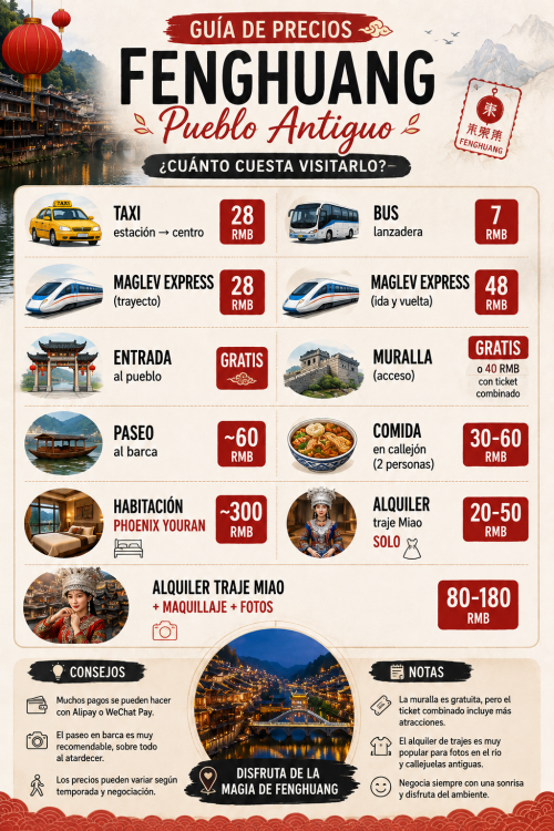 Infografía de precios en Fenghuang, China: taxi estación 28 RMB, bus lanzadera 7 RMB, Maglev Express 28-48 RMB, entrada al pueblo gratis, muralla 40 RMB, paseo en barca 60 RMB, comida 30-60 RMB, hotel Phoenix Youran 300 RMB, alquiler traje Miao 20-180 RMB